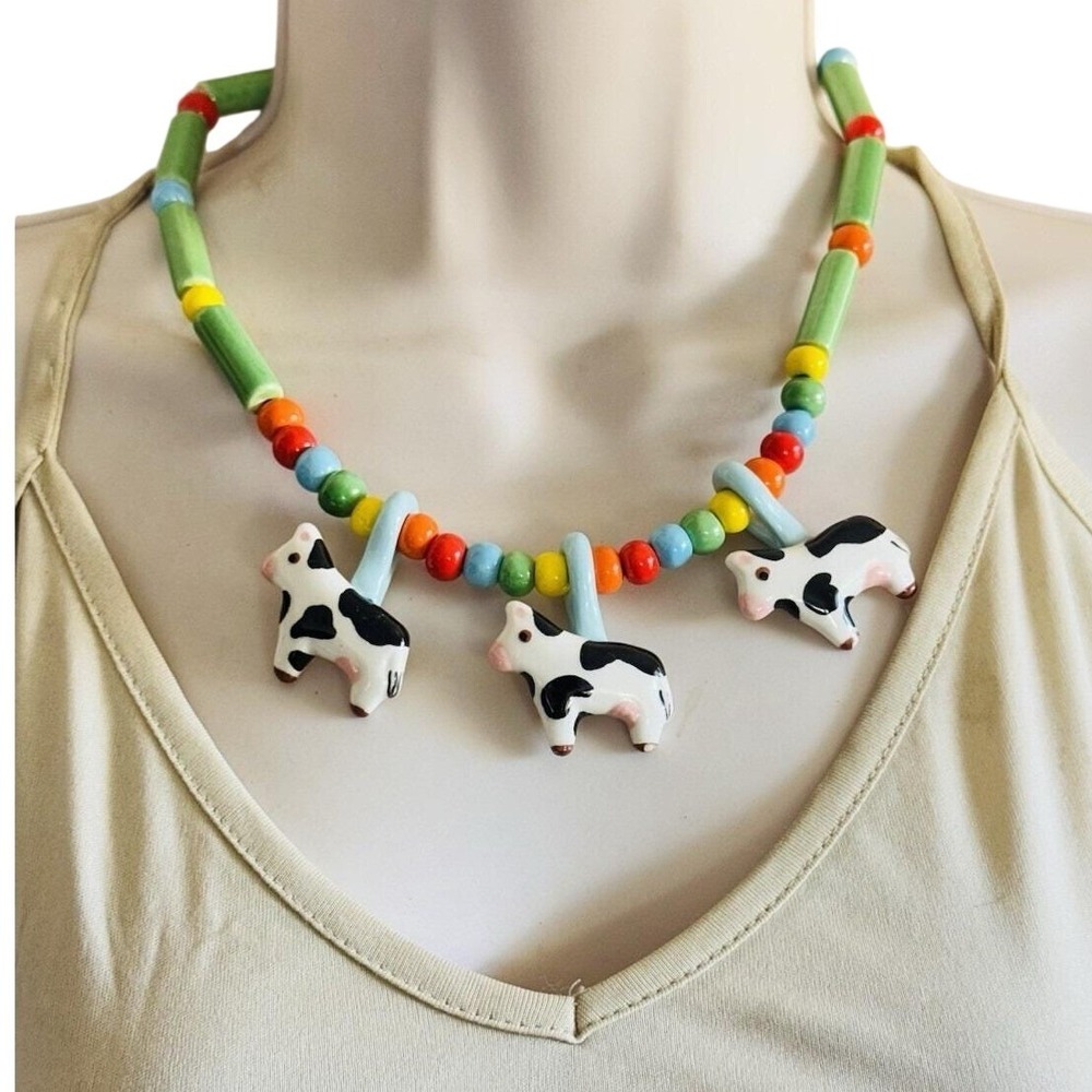 Flying Colors Signed Cow NECKLACE Ranch Western CERAMIC VTG‎ Colorful Statement